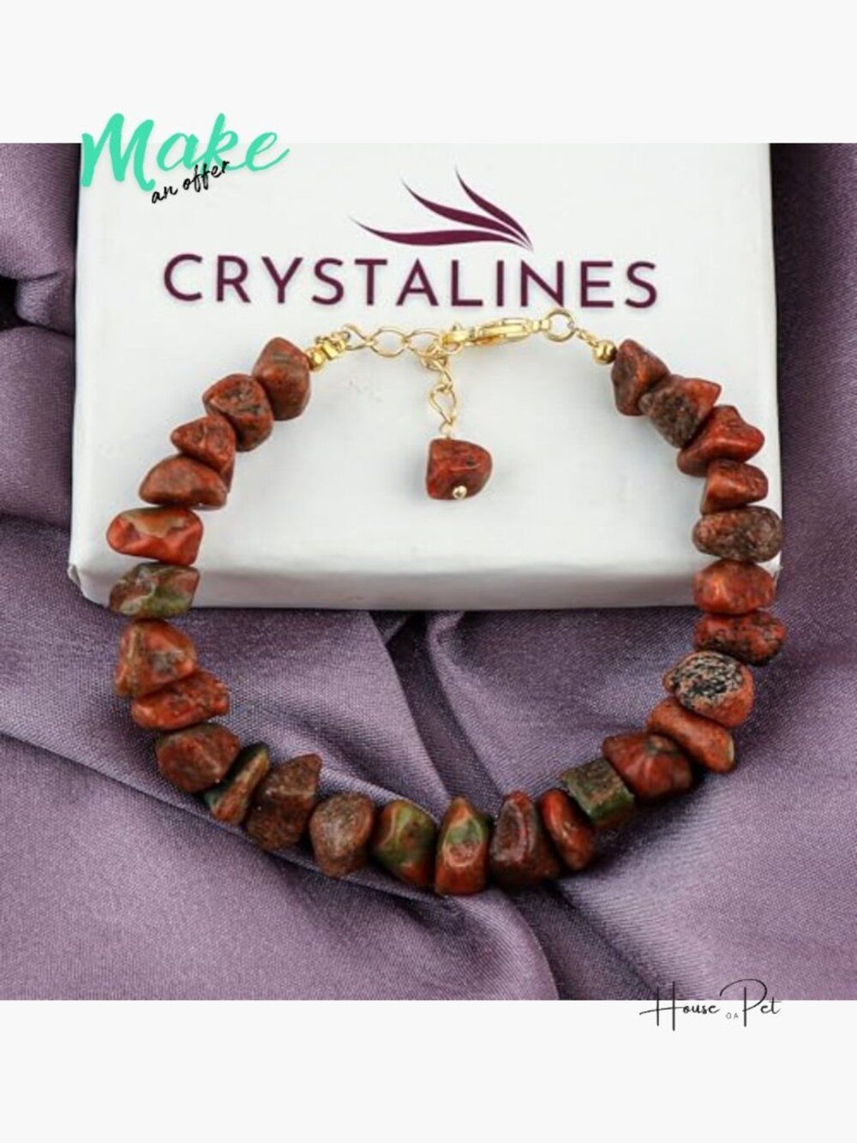 Raw Unakite Gemstone Bracelet, Gold Plated Brass, Lobster Claw Clasp, Handmade