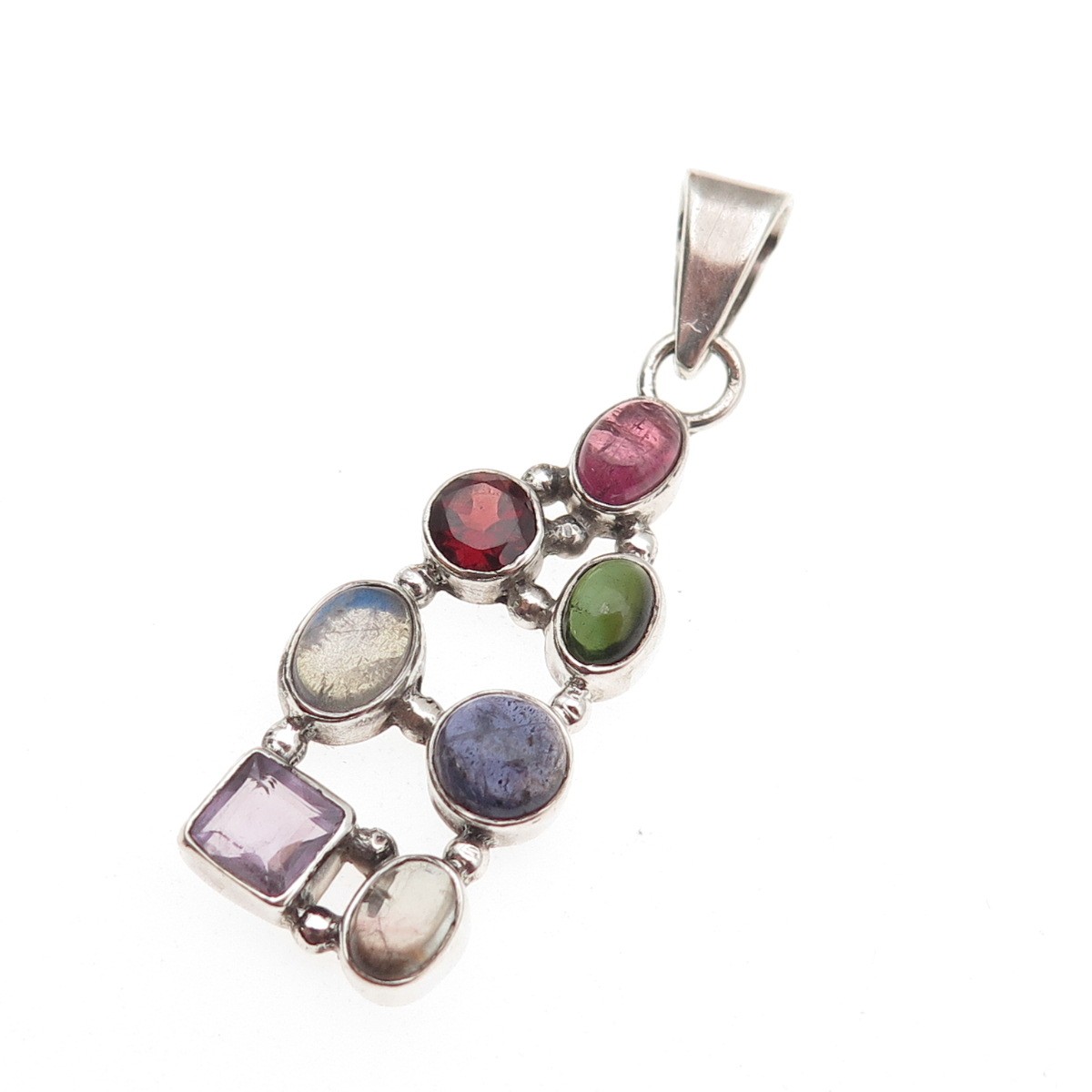 925 Sterling Silver Vintage Tourmaline Amethyst Garnet Iolite Moonstone Pendant