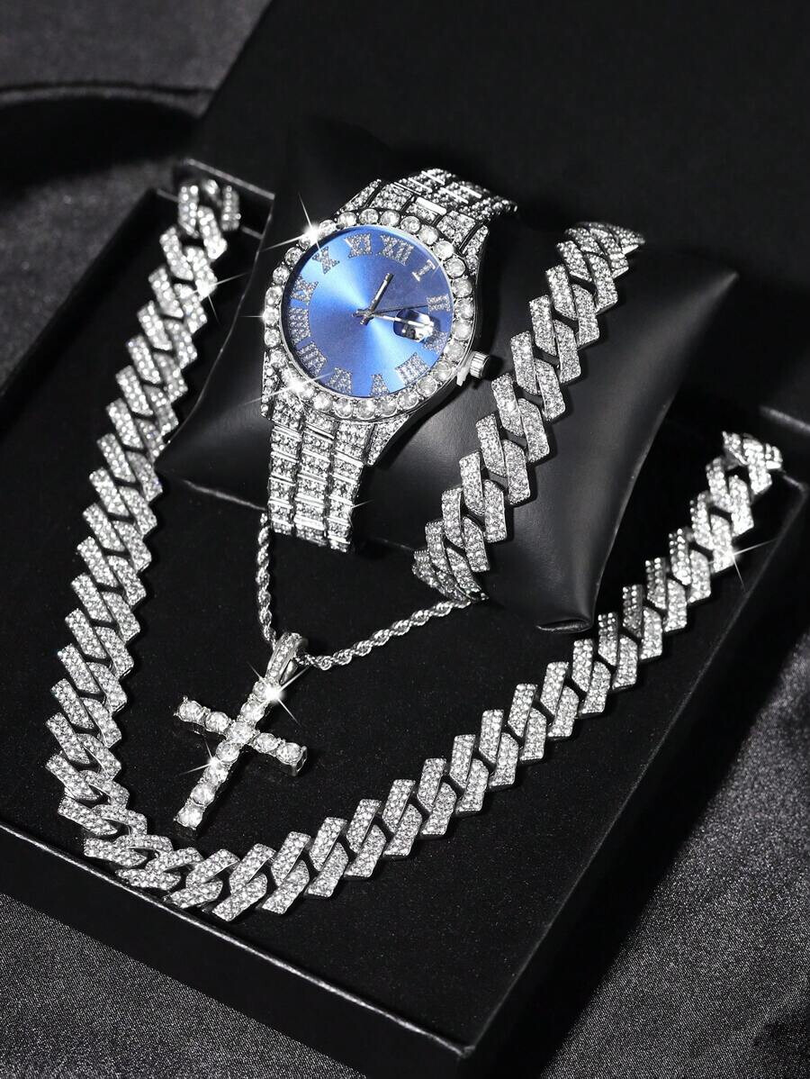 Hip Hop Simulated Diamond Luxury Watch Iced Cuban Chain Cross Necklace Bracelet