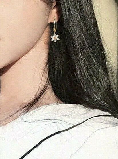 Womens Earrings Gold Plated Drop Hoop Flower Plant Crystal Trendy Modern NEW!