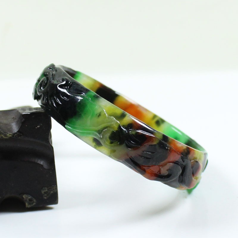 61mm Real Natural Ice Multicolor Burmese Jade jadeite Carving Bracelet Bangle