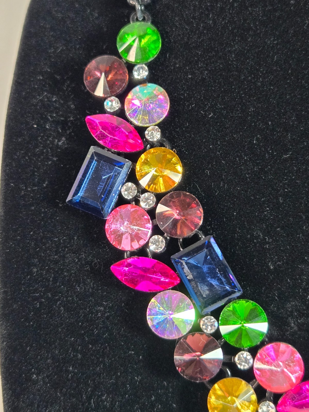 Multicolor Rhinestone Statement Bib Necklace Gunmetal Chain Bold Crystal Cluster