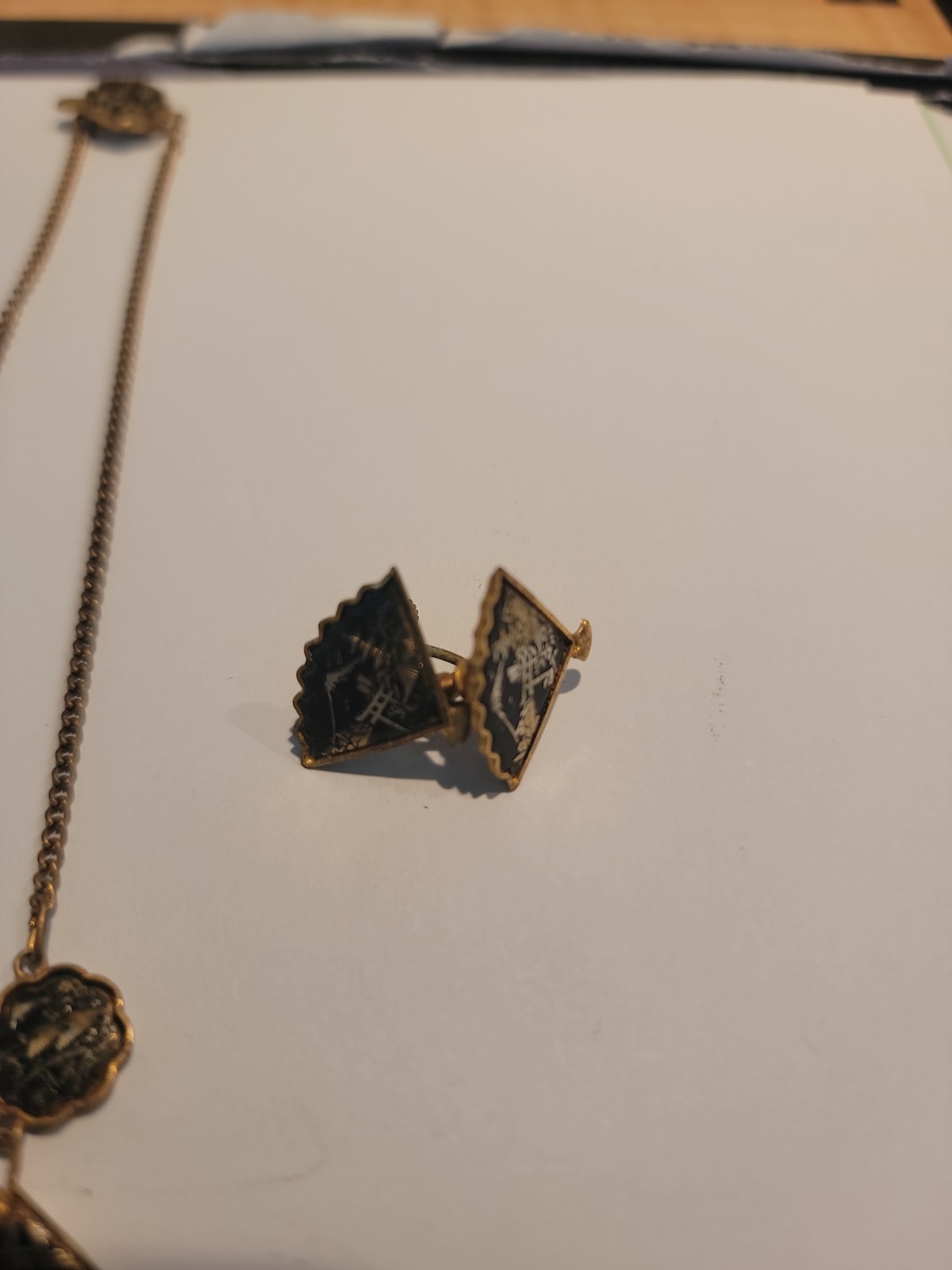 Vintage Japanese Shakudo Damascene Asian Festoon Fan Butterfly Pendant Necklace