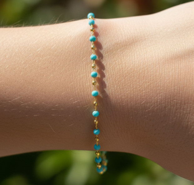 Boho Minimalist Turquoise Gold Tone Brass Bracelet for Her Tiny Bead Charm Chain