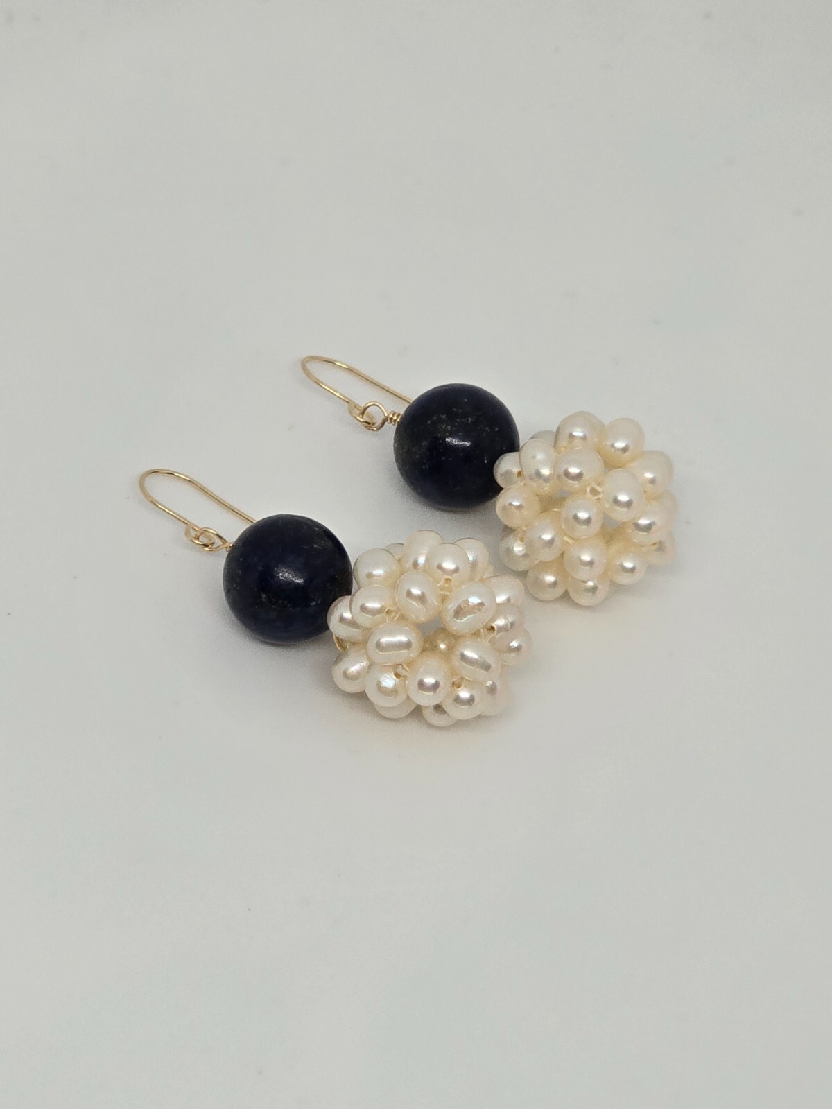 Lapis Lazuli and White Pearl Dangle Earrings 14k Yellow Gold or Sterling Silver
