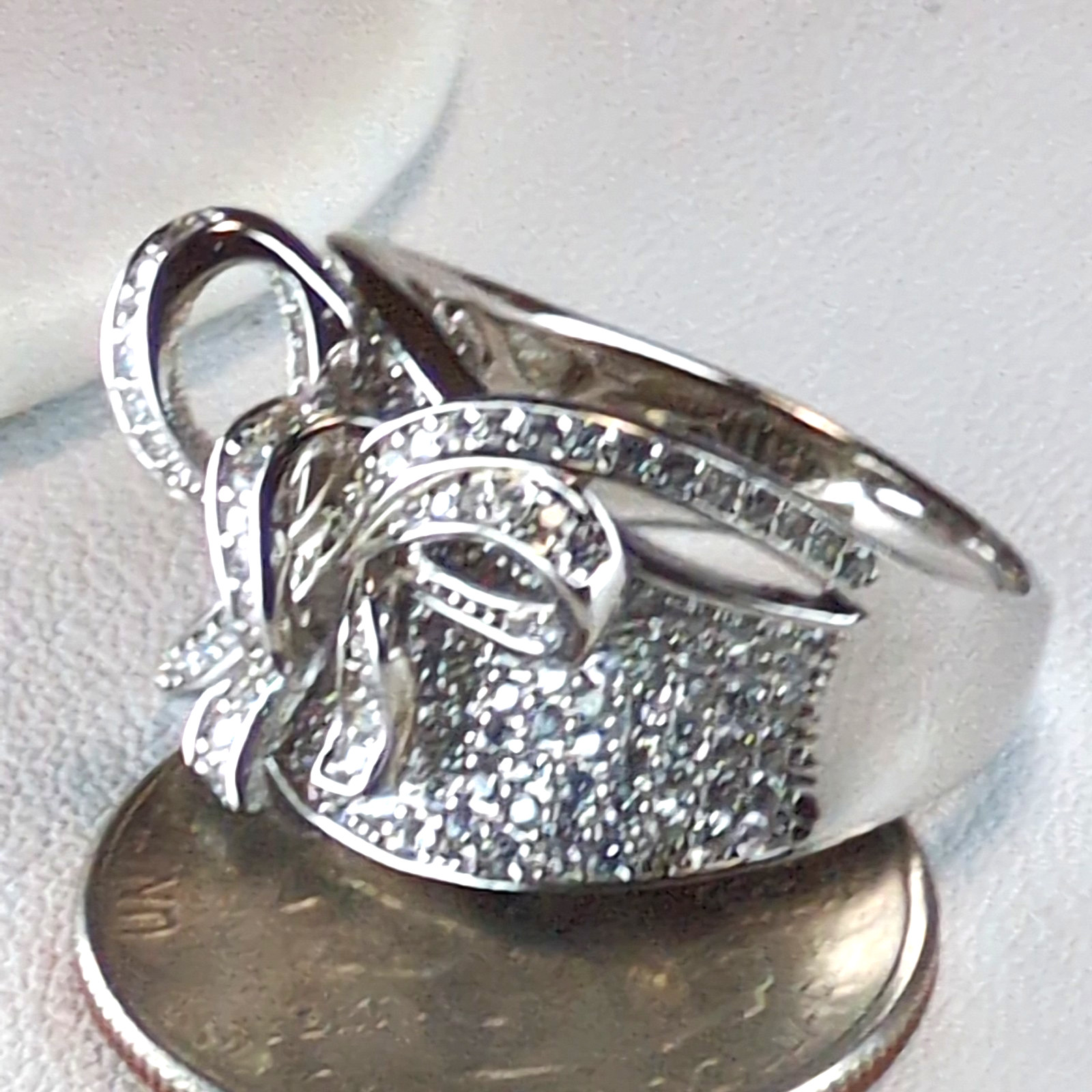 Victoria Wieck White Topaz Sterling Silver 925 Bow Ribbon Statement Wide Ring