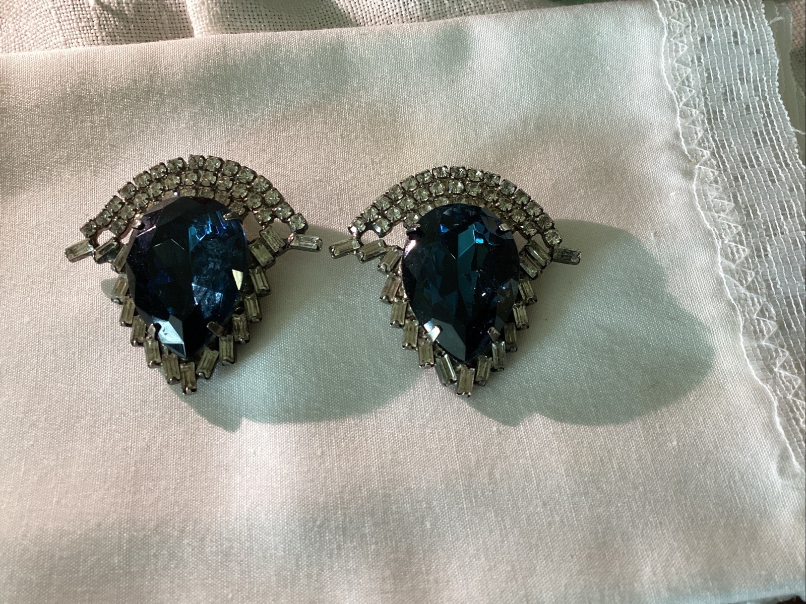 Vtg. Signed Bluette Rhinestones Shoe Clips Made in France Large Blue Stones