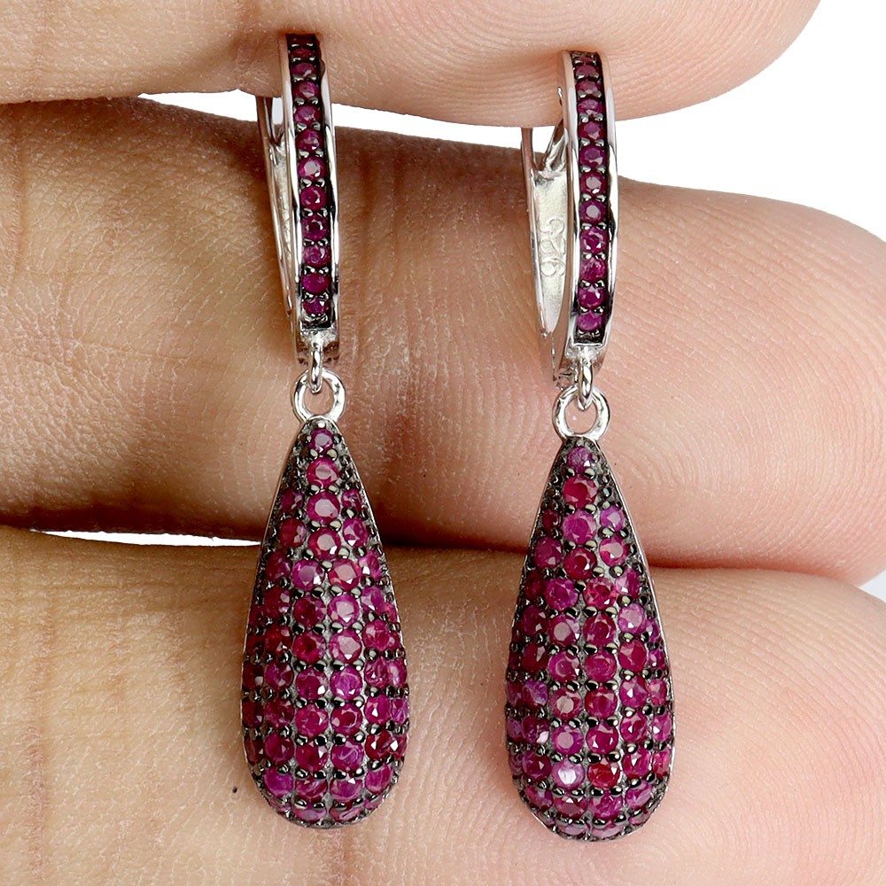 925 Sterling Silver Earrings Myanmar Ruby Round Diamond Cut Gemstone Jewelry