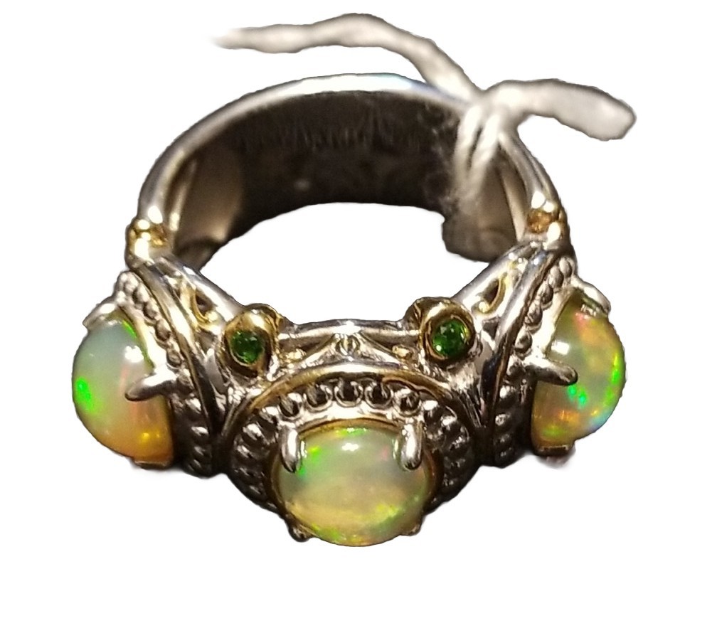 “NEW” Gems En Vogue Opal Ring, 3 Stone Ethiopian Opal Ring, Sterling 925 Size 5