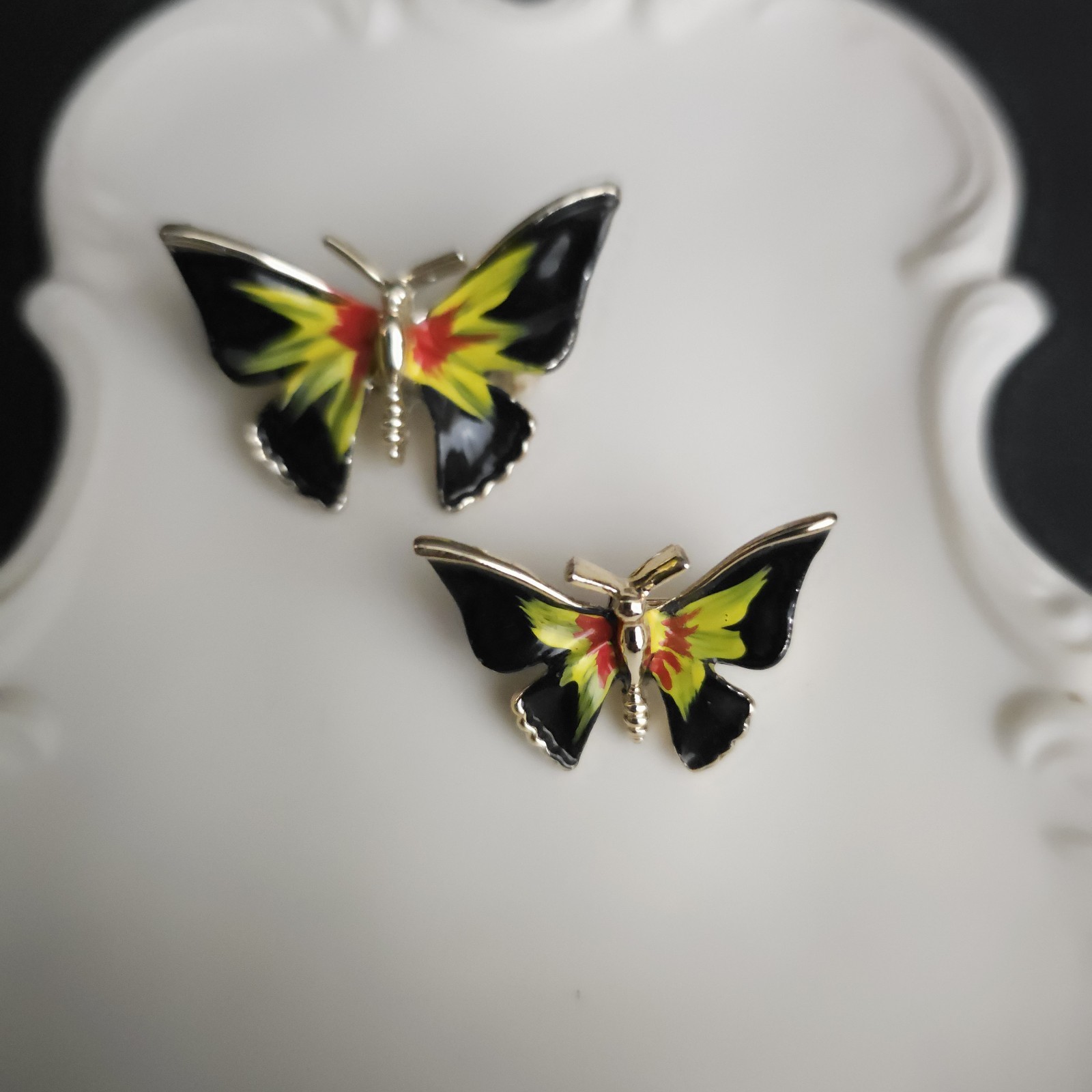 Vintage Black Yellow Red Enamel Butterfly Scatter Pins Brooch Set 2 Whimsy Fairy