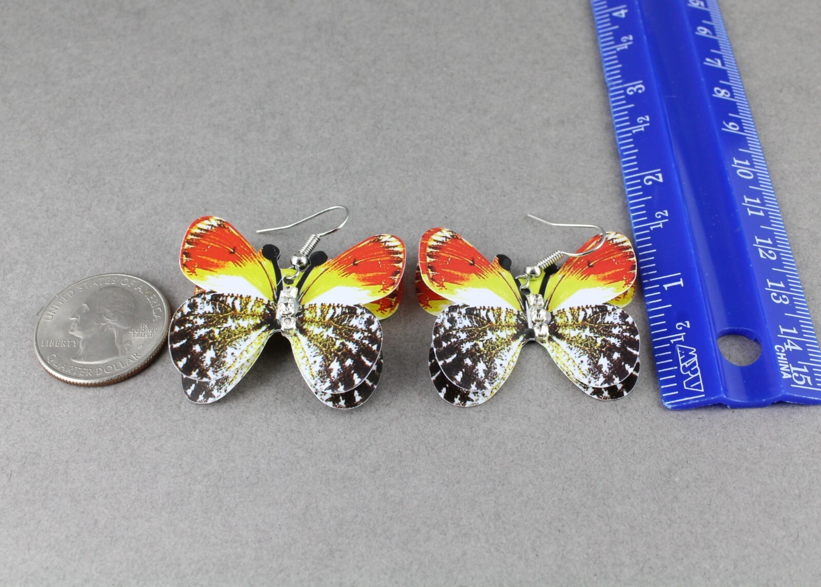 Red Yellow Black butterfly earrings 3D dangle 1 5/8″ long Very lightweight wings