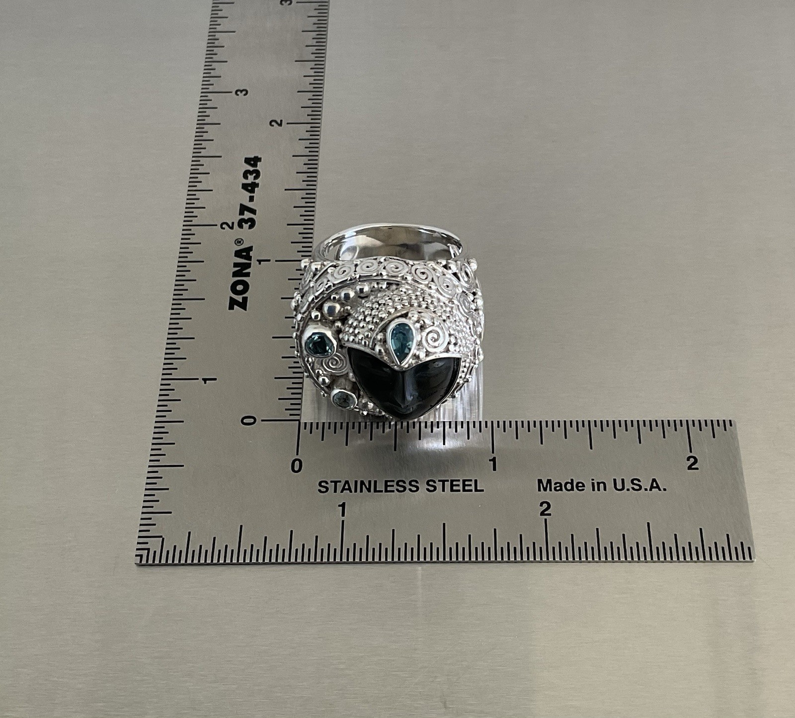 Sajen Carved Obsidian Goddess Face & Blue Topaz Ring 925 Sterling Silver Size 7