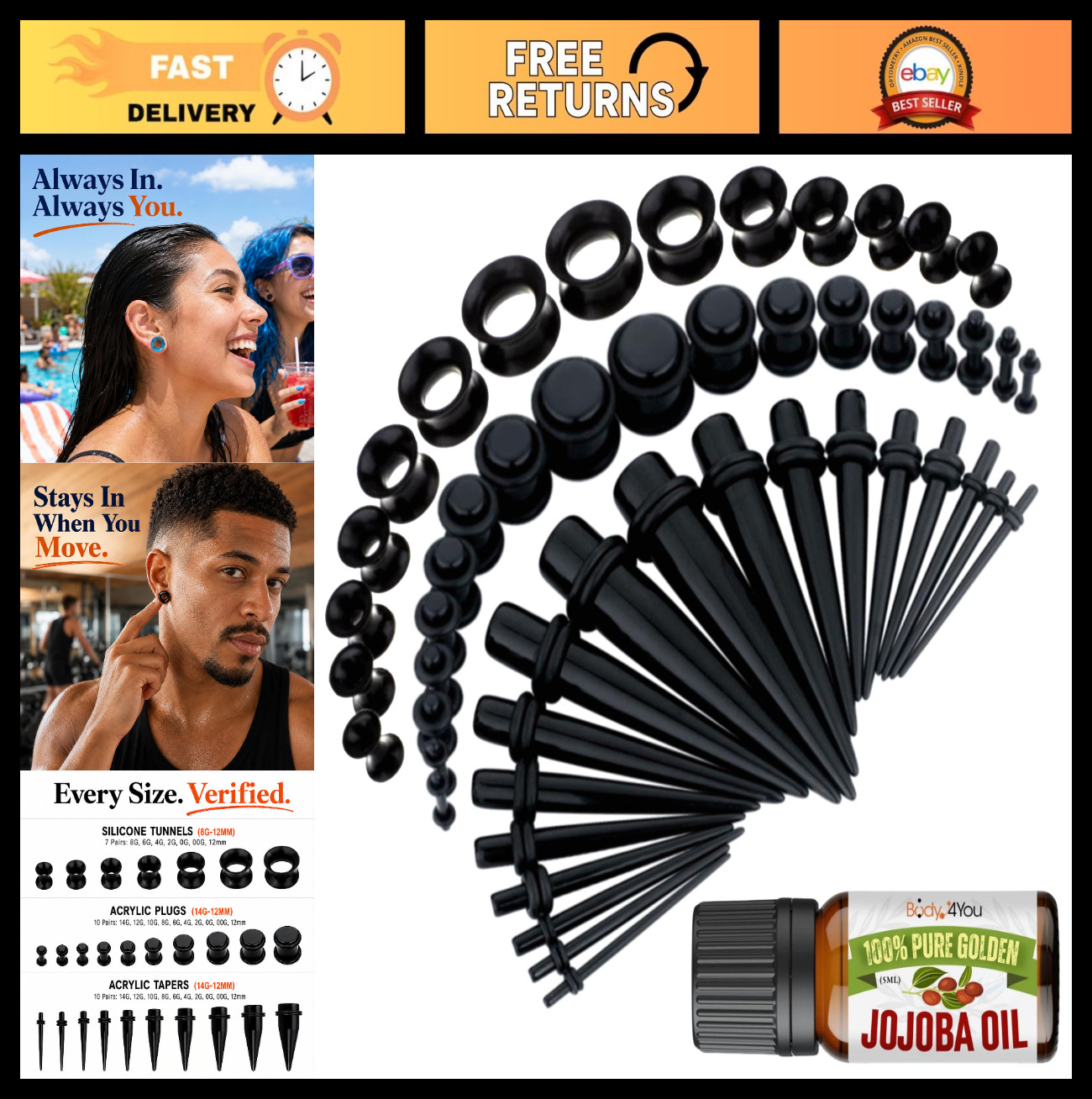 54PC Ear Stretching Kit 14G-12mm – Jojoba Oil Aftercare, Acrylic Plugs, Silicone