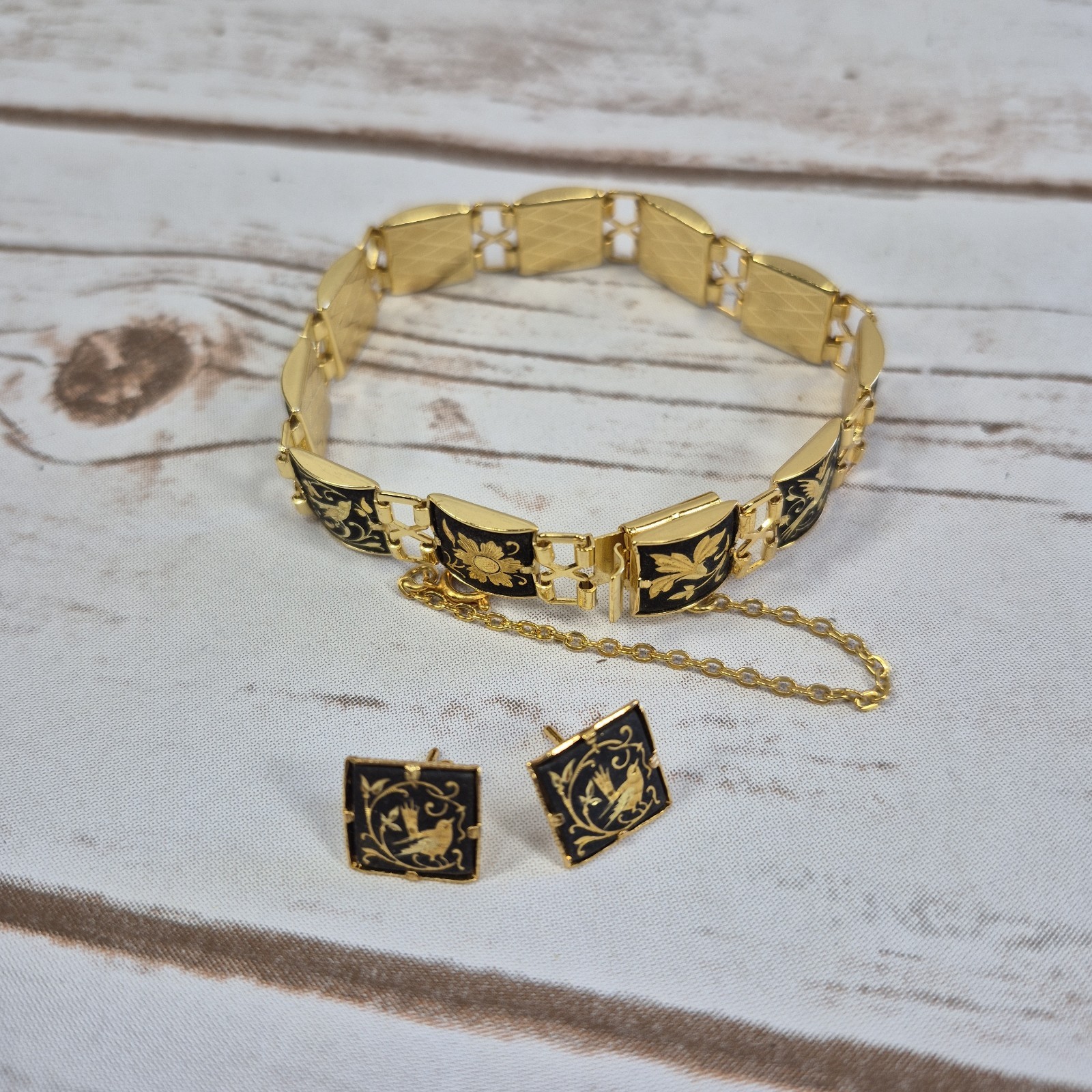 Midas Earrings Bracelet Toledo Damascene Bird & Flower 7.5″ Gold Tone Vintage iA