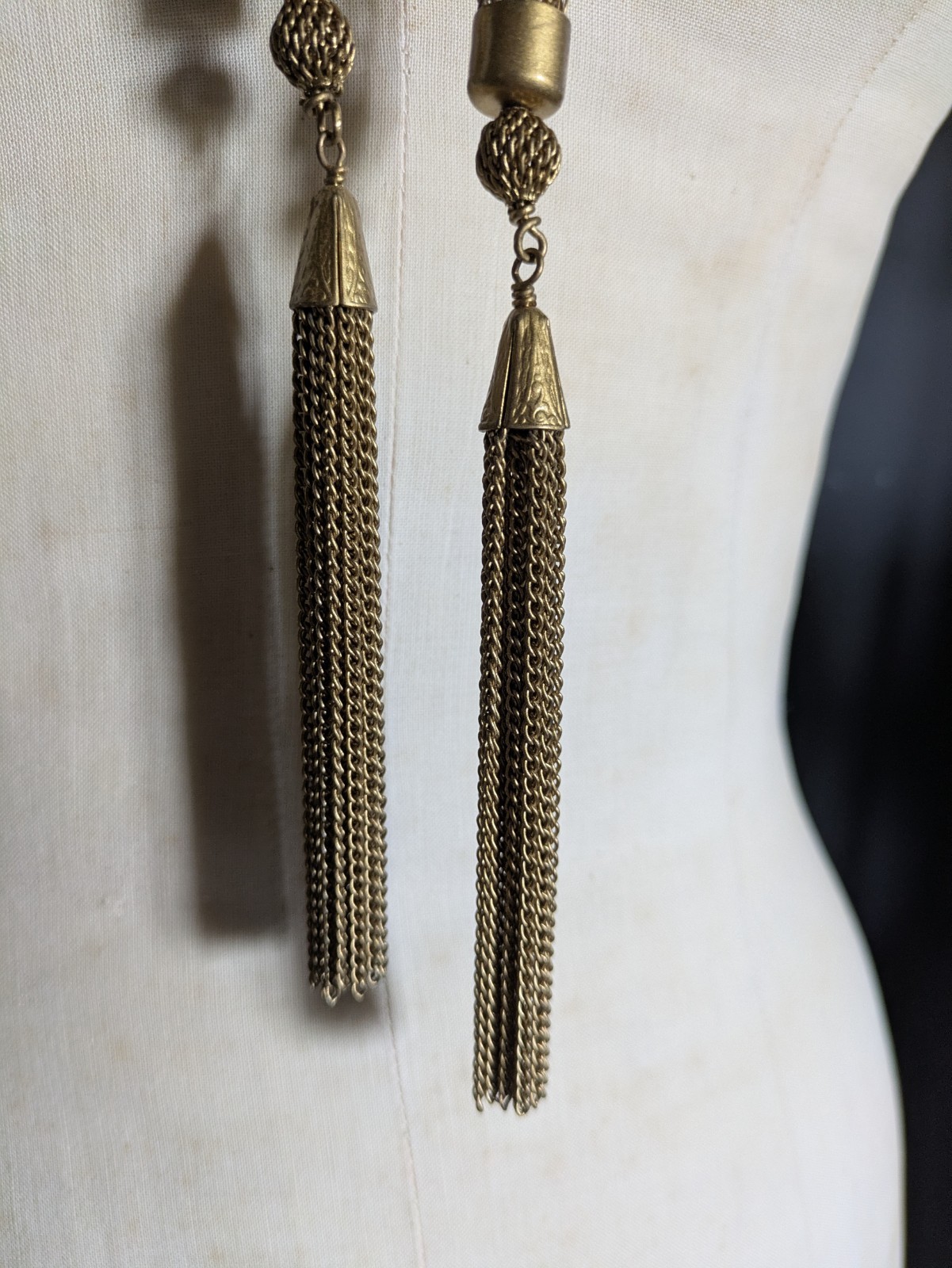 Vintage Brass Gold Tone Mesh Knitted Metal Wire Tassel Necklace Or Belt 55″