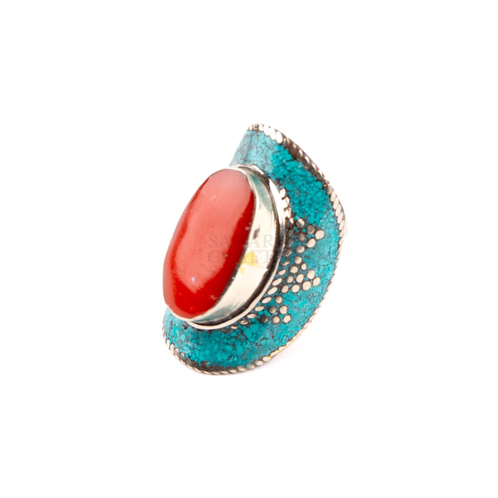Tibetan Ring, Red Coral Turquoise Stone, Traditional Tibetan Bead Jewelry, US9.5