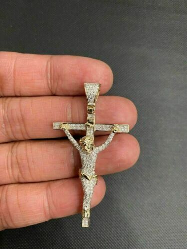 1.80Ct Round Cut Real Moissanite Crucifix Cross Pendant 14K Yellow Gold Plated
