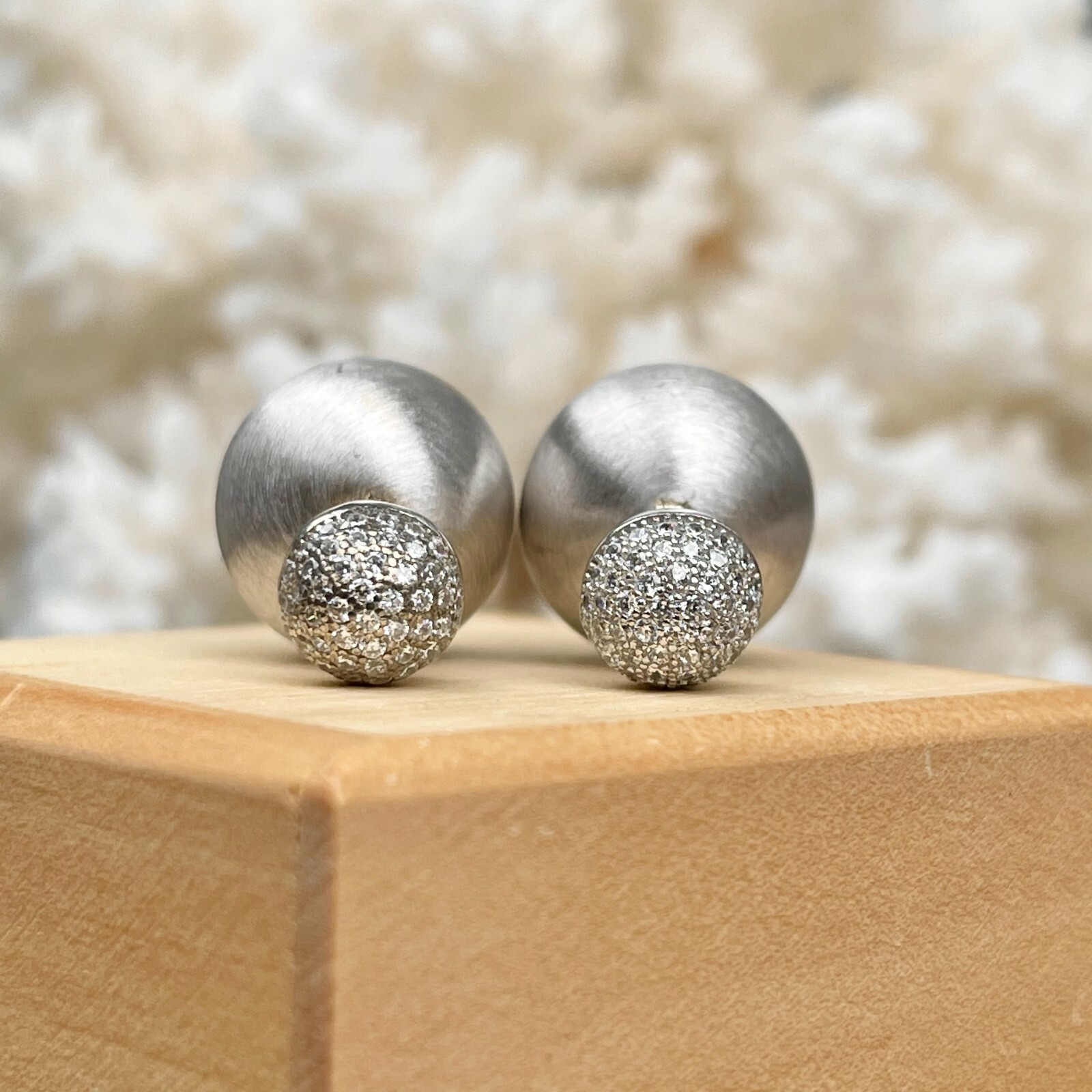 Sterling Silver Double-Ended Satin + Crystal Ball Earrings Small and Large NEW