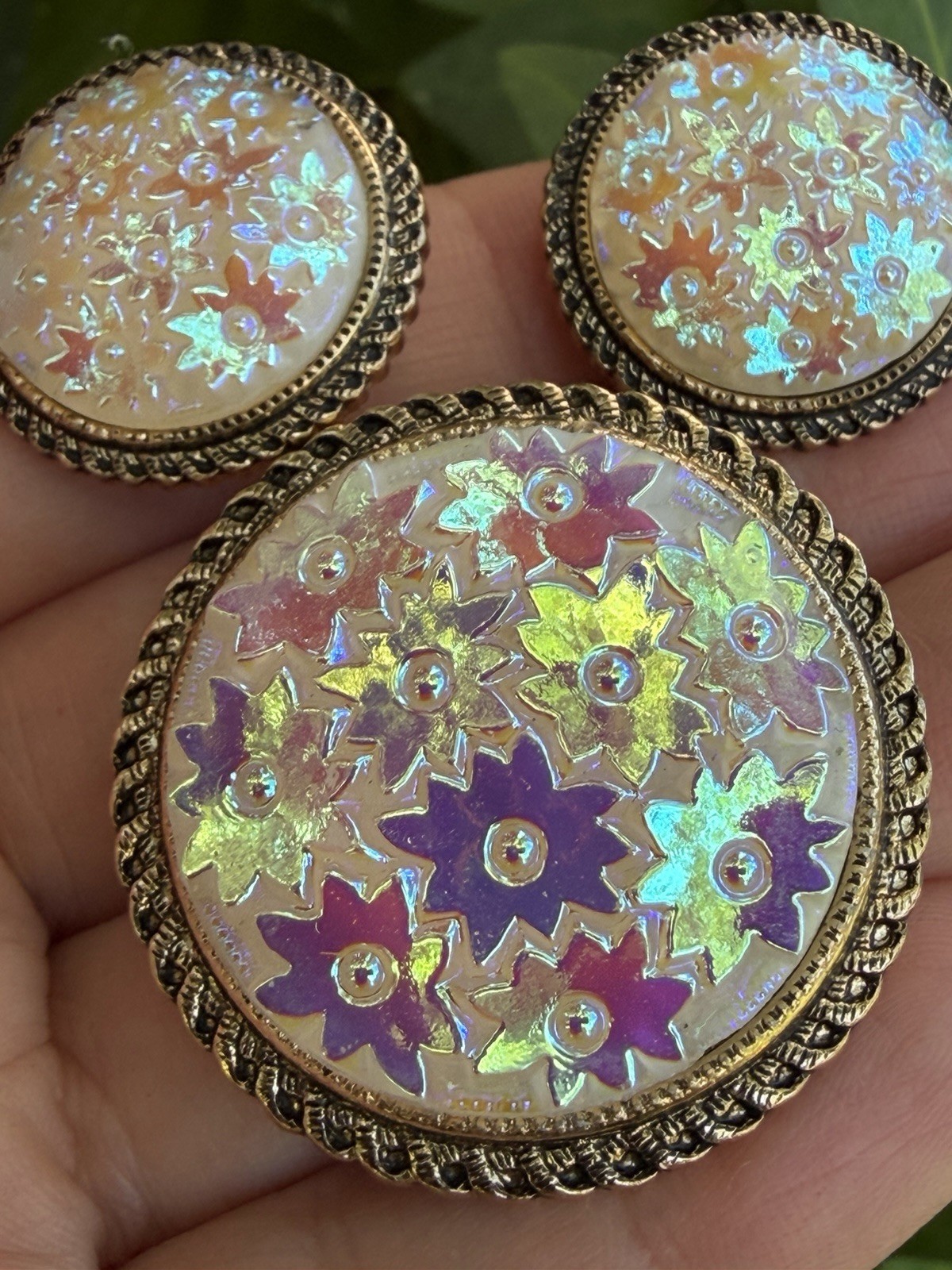 WEST GERMANY molded glass ab star clip Earrings Scarf clip vintage jewelry set