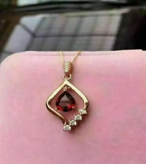 2Ct Pear Cut Red Garnet & Diamond Pendant 14k Yellow Gold Finish 18″ Free Chain
