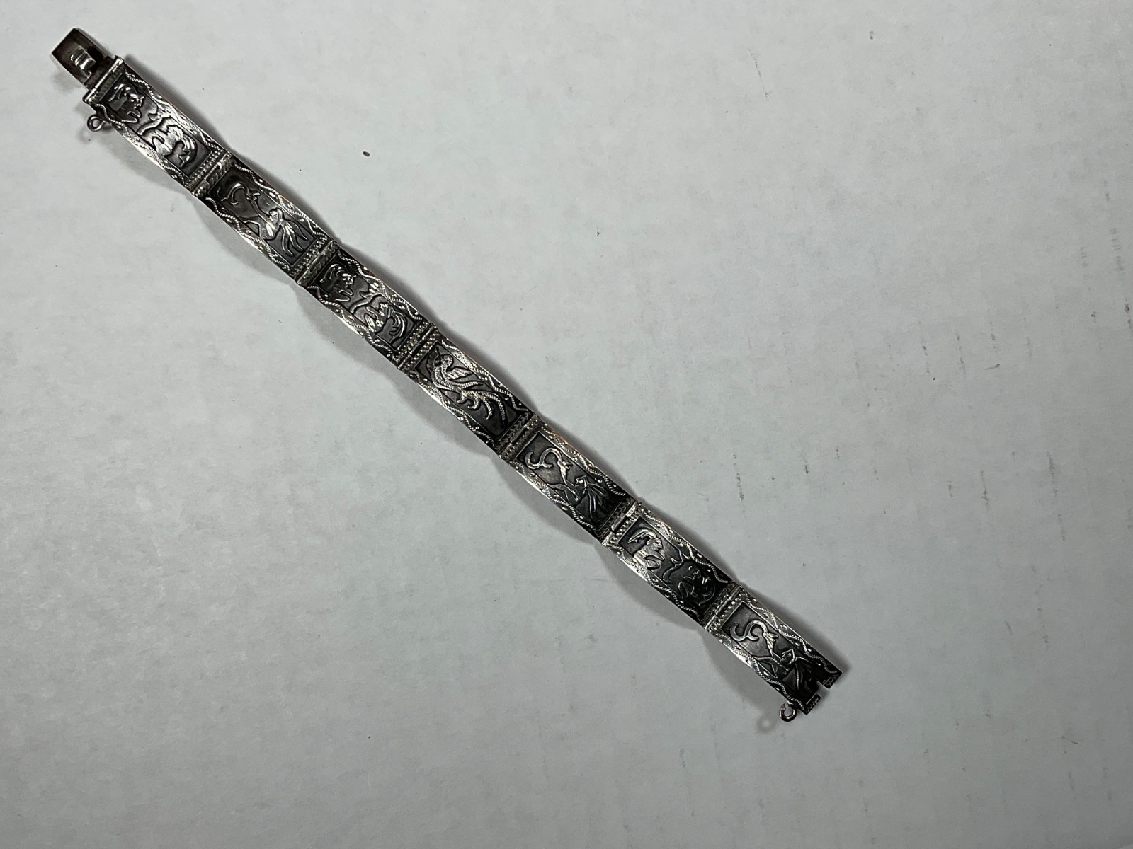 Vintage Chinese Export .900 Silver 7 Panel Bracelet Phoenix Archaistic Design
