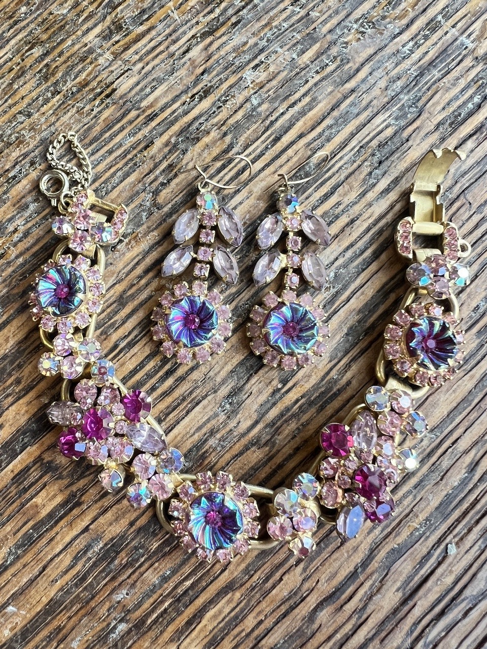 Rare Vintage Juliana D&E Heliotrope Margarita Pink RS Bracelet Earring Set 7.5″
