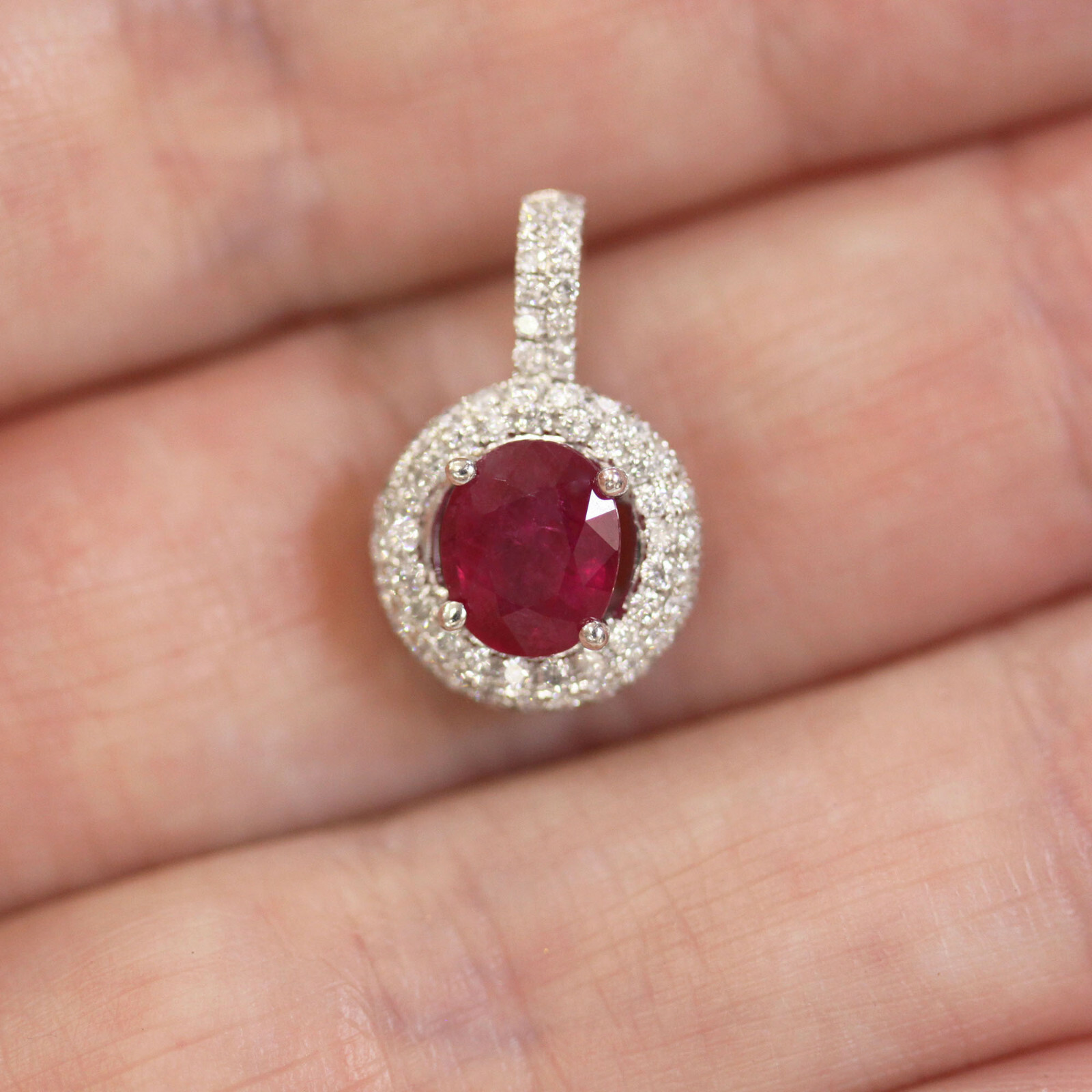 2.4 ctw Natural Red Ruby & Diamond Solid 14k White Gold Halo Drop Pendant 17 MM