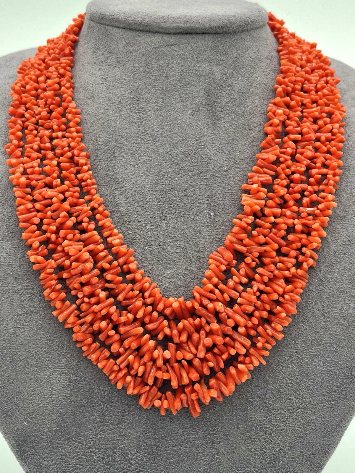 Natural Mediterranean Red Coral Necklace 5 Strands Domes 45-65cm Silver