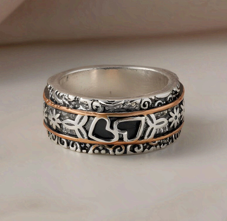 Hearts Ring Stainless Steel Two Tone Floral Fidget Meditation Band