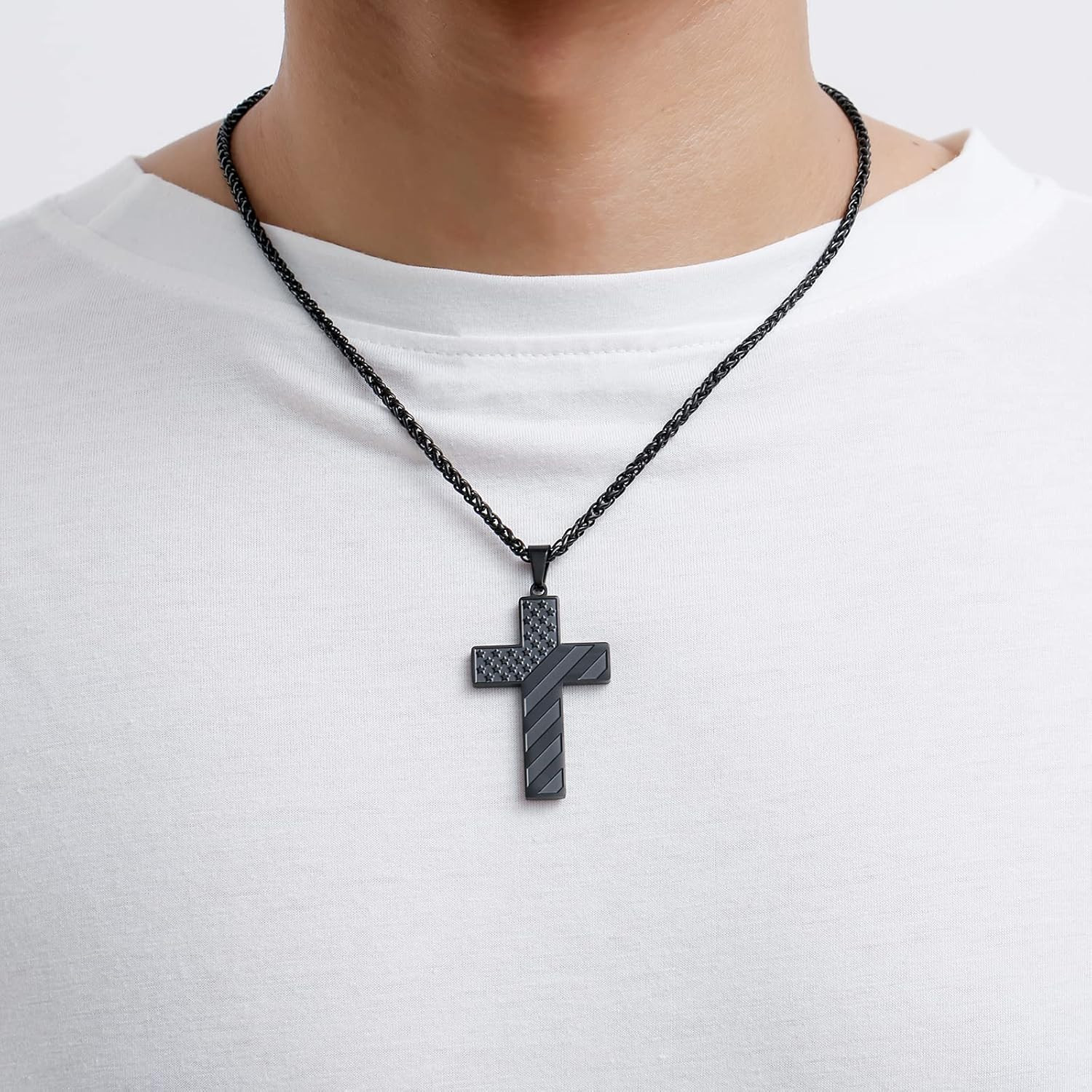 18+2 Inch Cross Necklace for Men Boys,American Flag Bible Verse 316L Stainless S