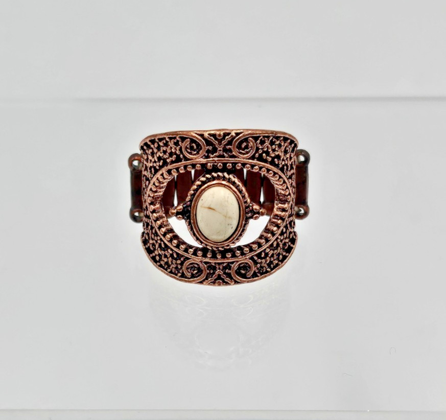 Boho Antique Copper Tone Stretch Ring White Faux Stone Filigree Size 8