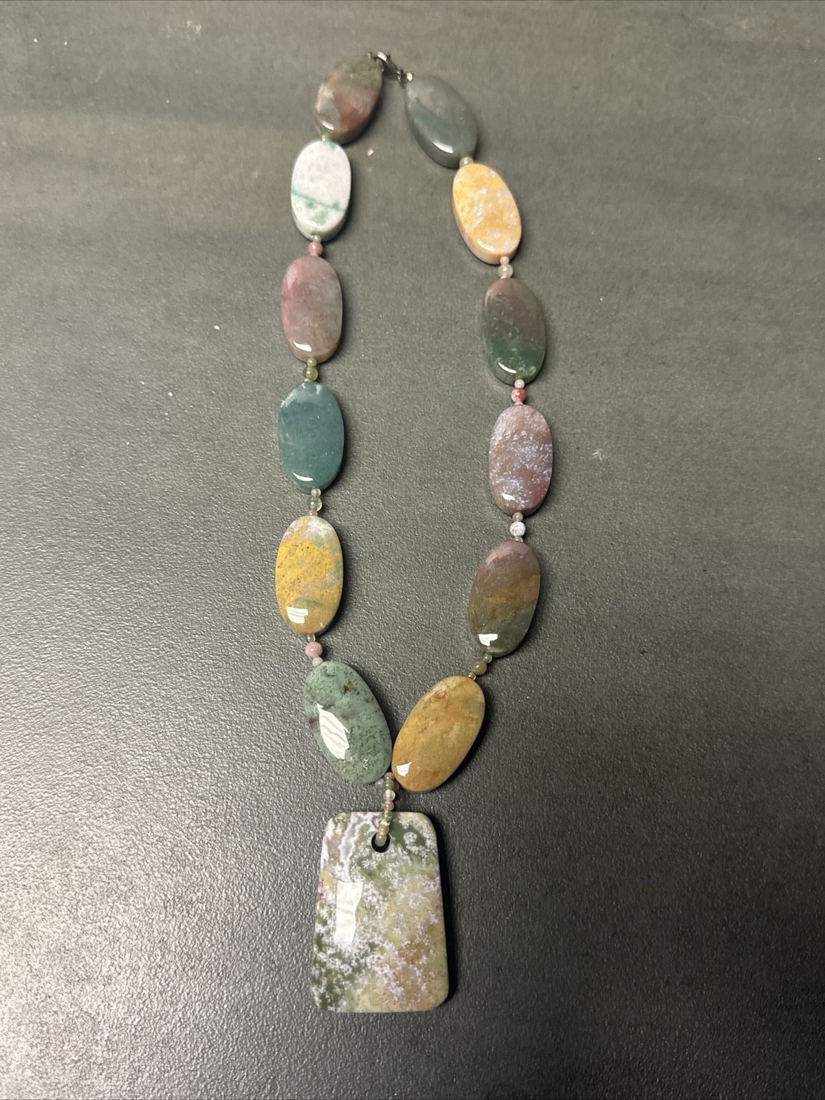 Vtg Green Purple Natural Stone 925 Sterling Silver Boho Style Necklace A80