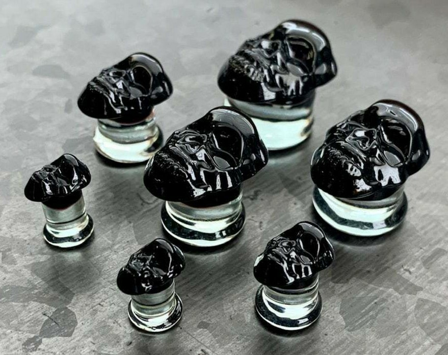 PAIR of Skull Front Pyrex Glass Plugs Gauges Tunnels Body Jewelry