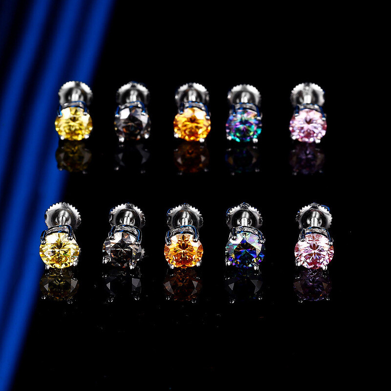 Real 8mm Round Cut GRA Moissanite Studs Screw Back Earrings 925 Sterling Silver