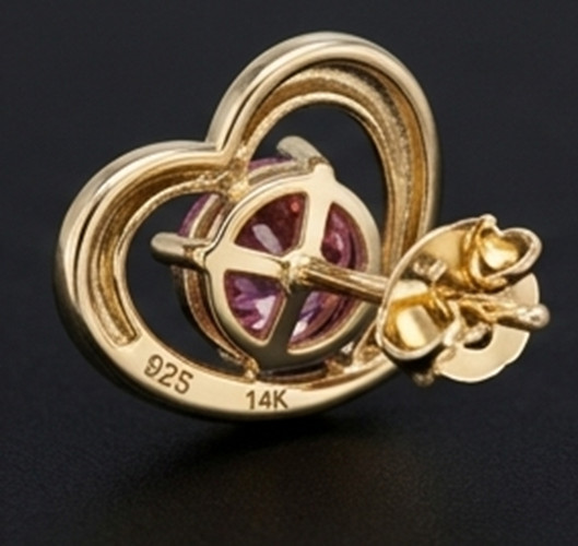 3ct Round Simulated Pink Ruby Cute HEART Stud Silver Earrings Yellow Gold Plated