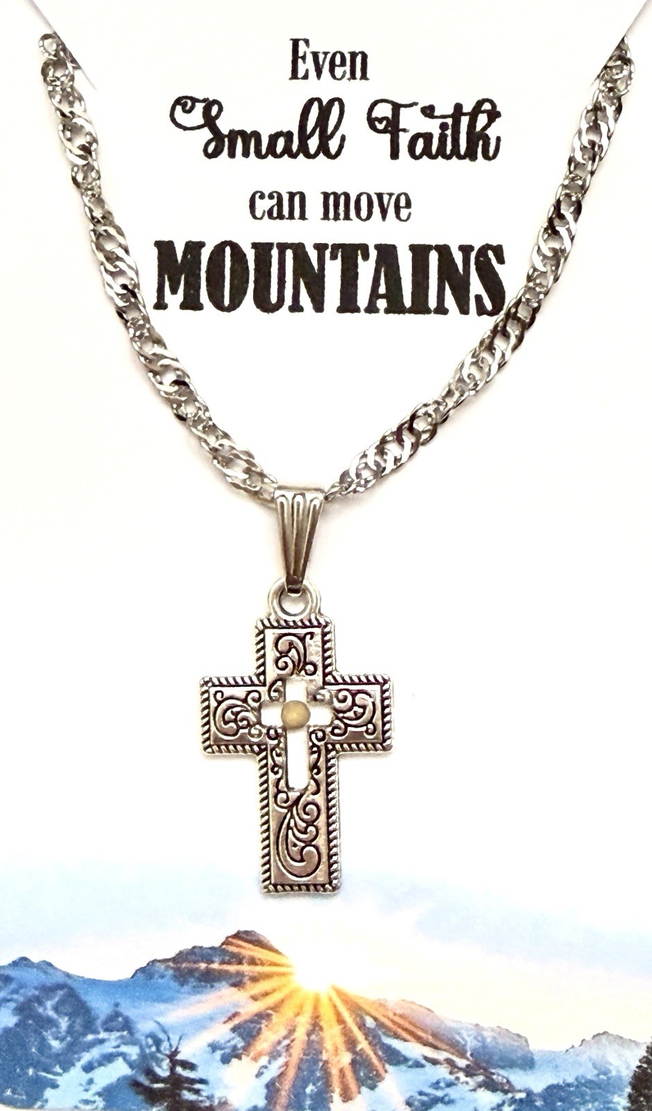 New Mustard Seed Cross Pendant 18”+2” Stainless Steel Twist Box Chain Necklace!