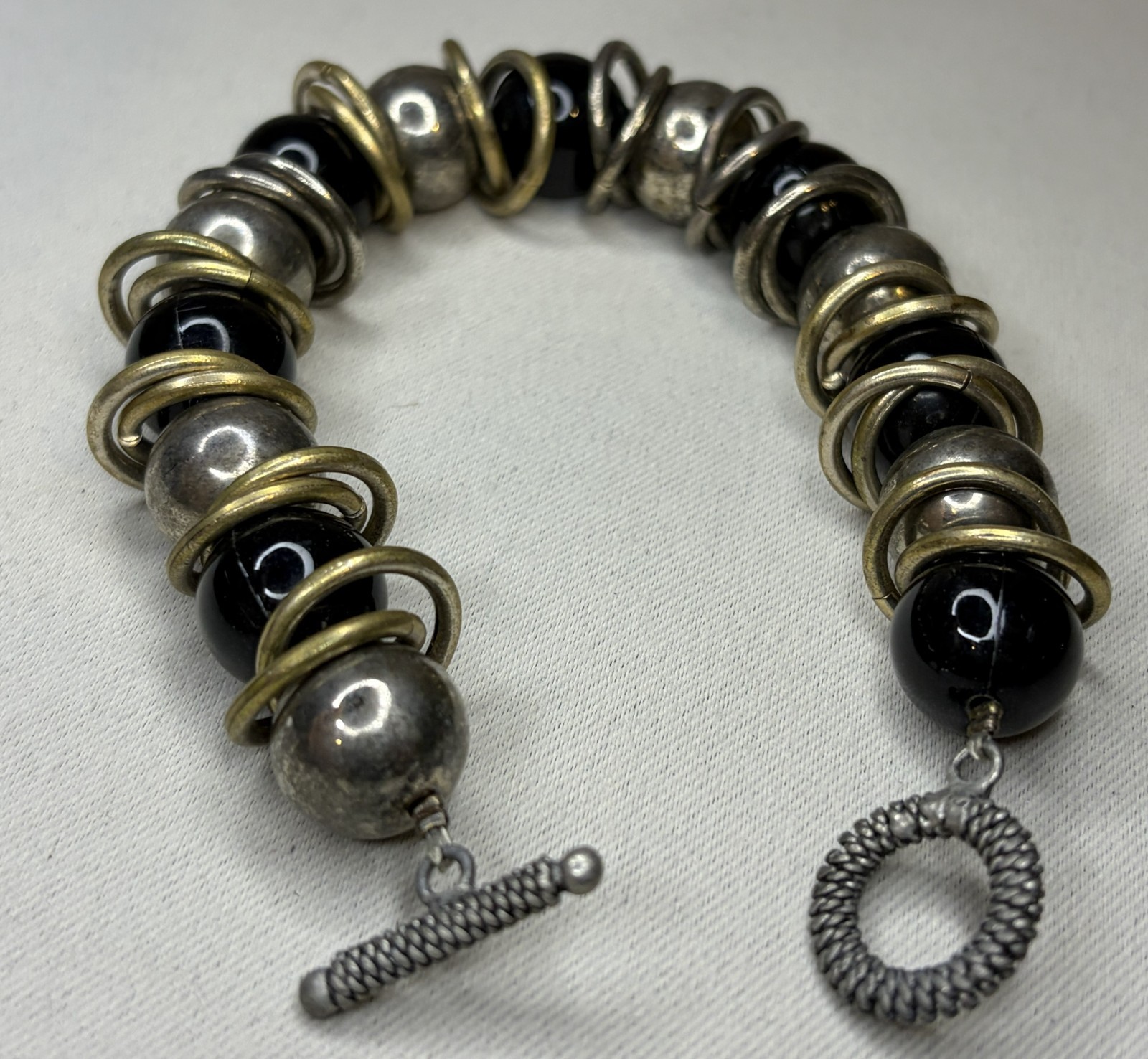 Vintage Mixed Metal Toggle Bracelet Chunky Silver Brass Jump Ring Black Beads
