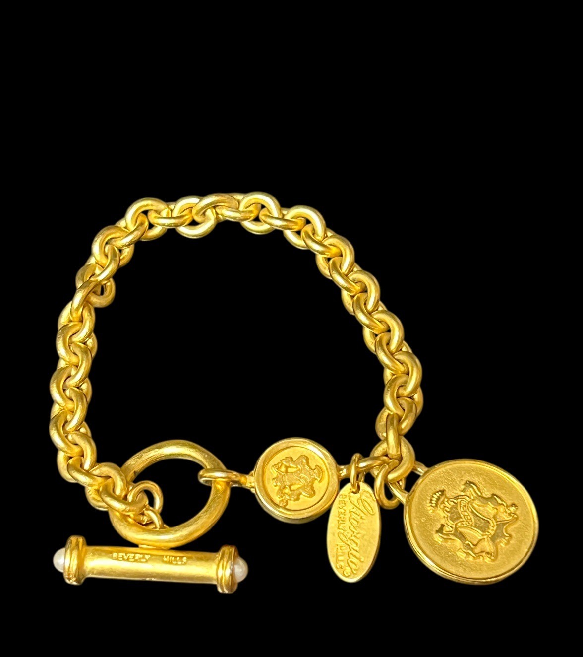 Vintage Giorgio Beverly Hills Etruscan Gold tone Toggle Bracelet Crest Medallion