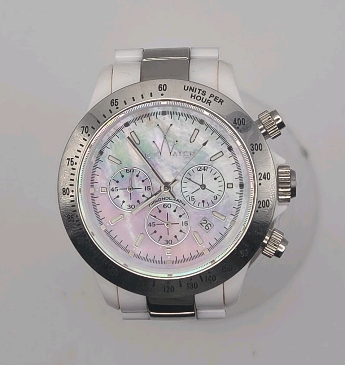 ToyWatch 40mm Chrono MOP Dial White Plasteramic Plastic Quartz Watch New Batter