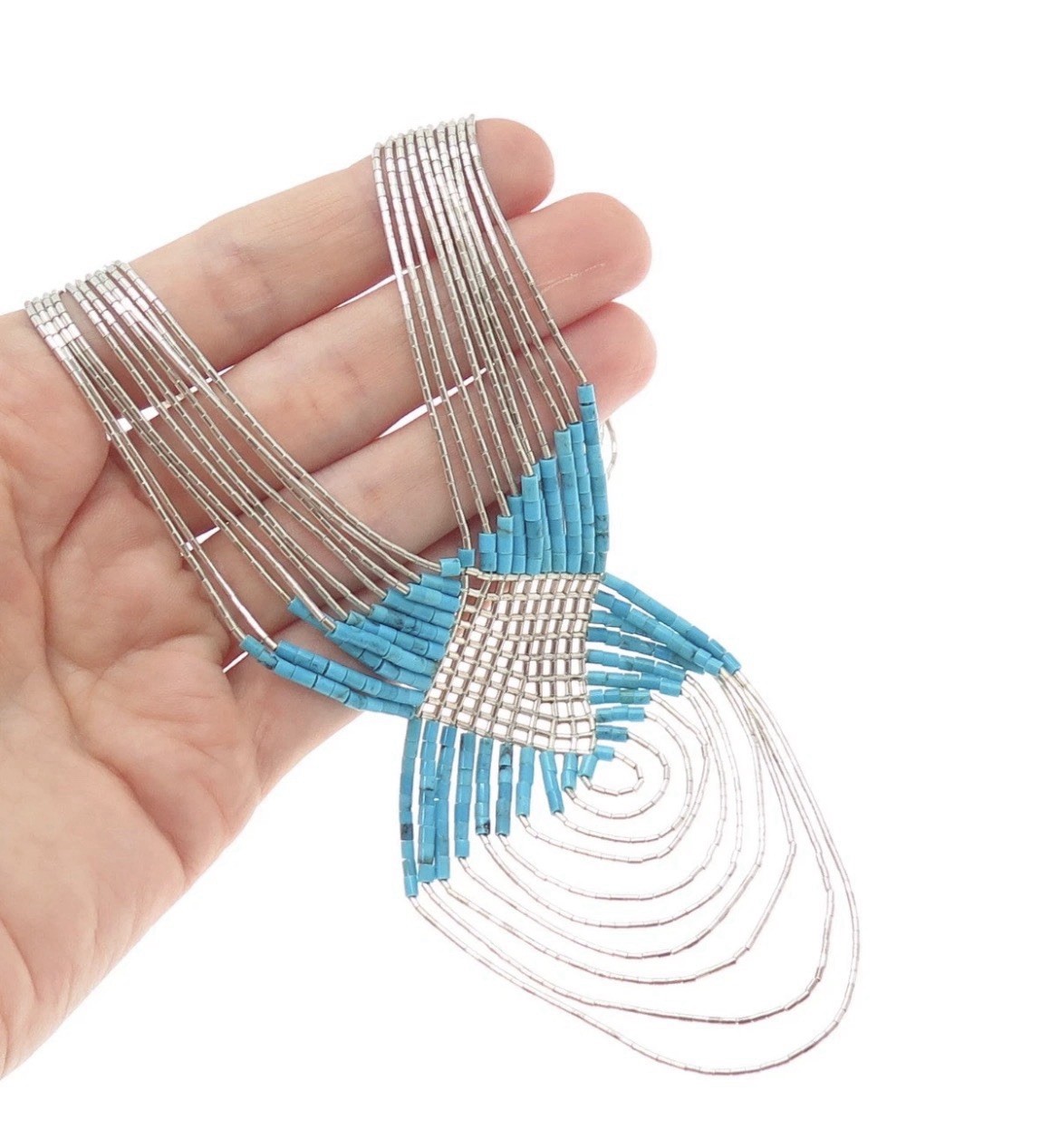 Vintage Liquid Silver .925 Turquoise Beaded Layered Necklace Ethnic Woven Hook
