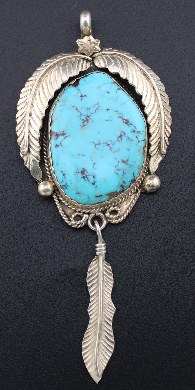 Antique 😍 Signed Yellowhorse Spiderweb Turquoise Sterling Feather Pendant