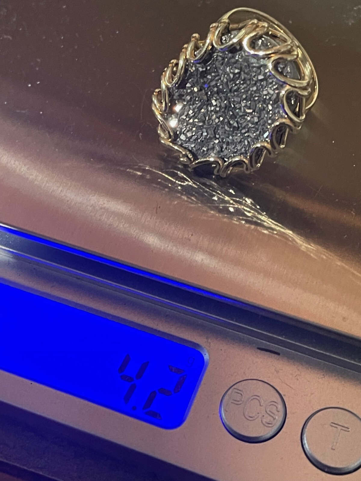 Yellow Gold 14K Italy Milor Large Gray Black Druzy Quartz ring Size 9