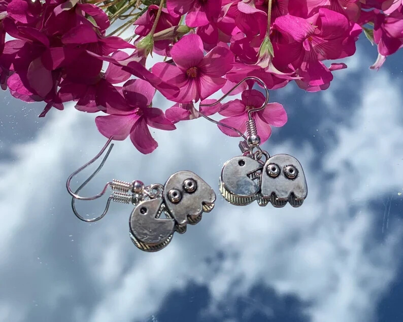 Retro Pac Man Video Game Arcade 80s Style Earrings w Pure 925 silver hooks
