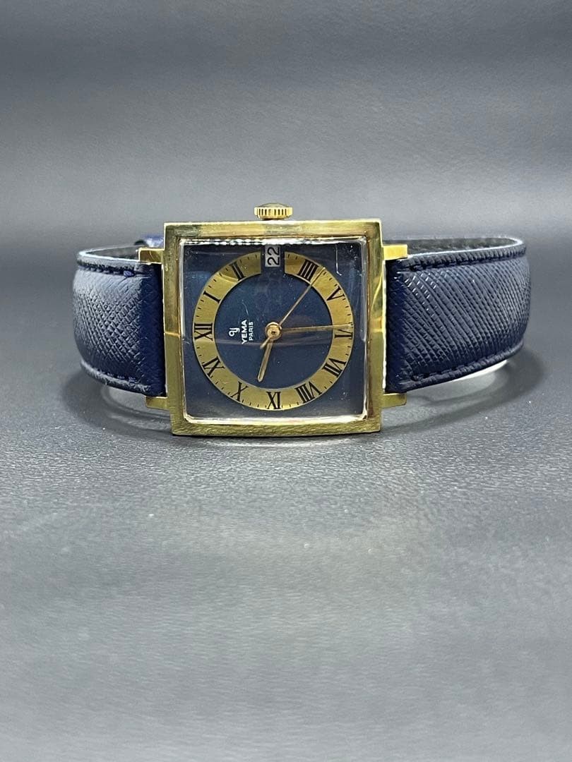YEMA Paris Square Manual Wind Watch Blue Dial Date From Japan