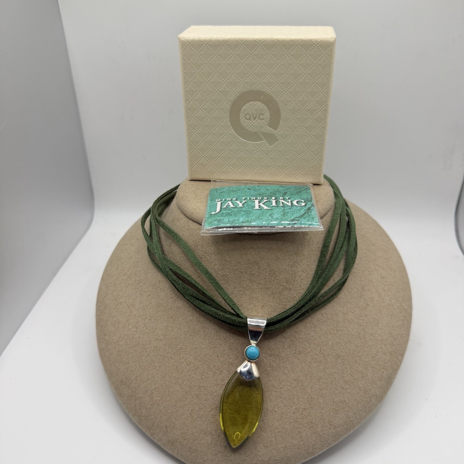 Jay King 925 Green Amber Turquoise Pendant On Green 5 Strand Leather Necklace