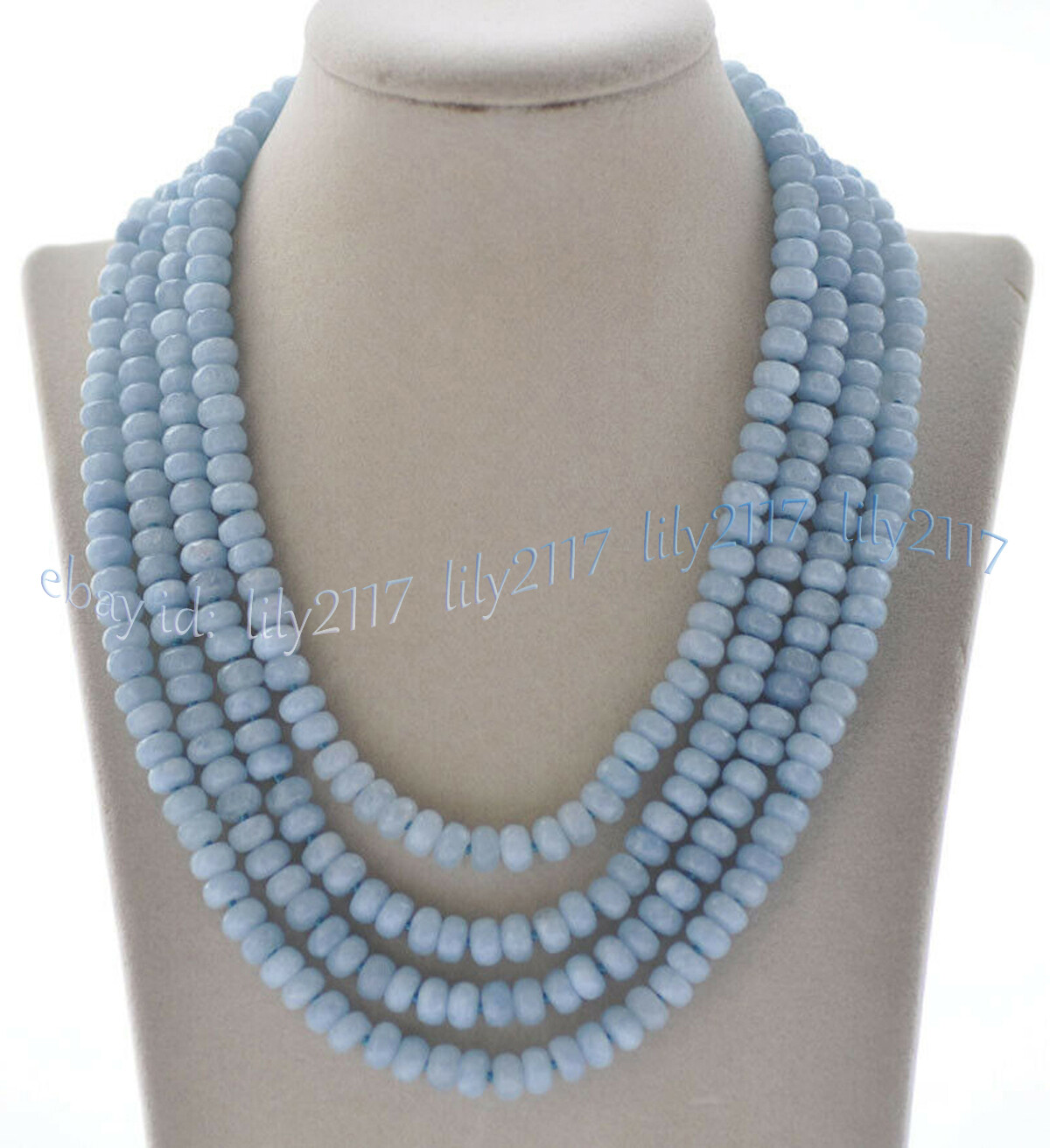 4 Rows Faceted 5x8mm Blue Aquamarine Gemstone Roundel Beads Necklaces 17-20”