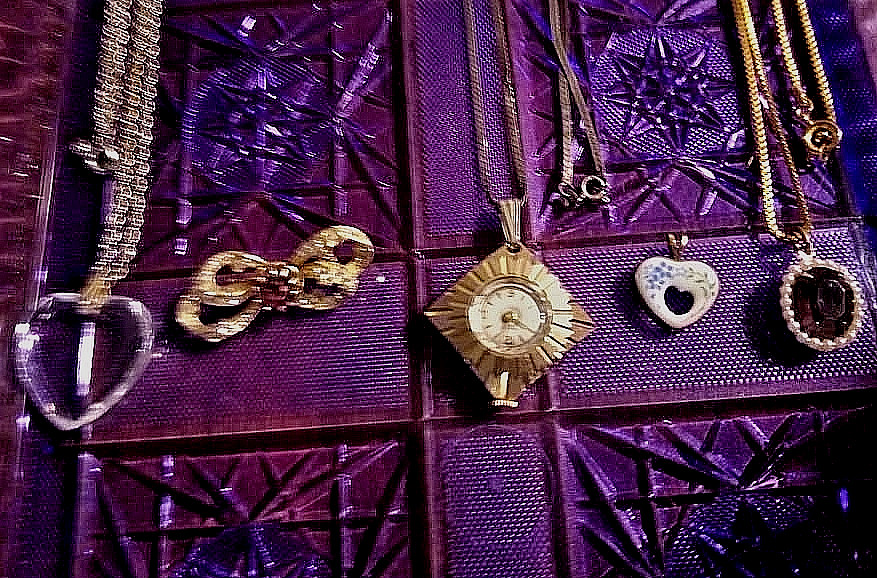 mid century pendant necklace destash faux amethyst watch heart 1940s to 60s