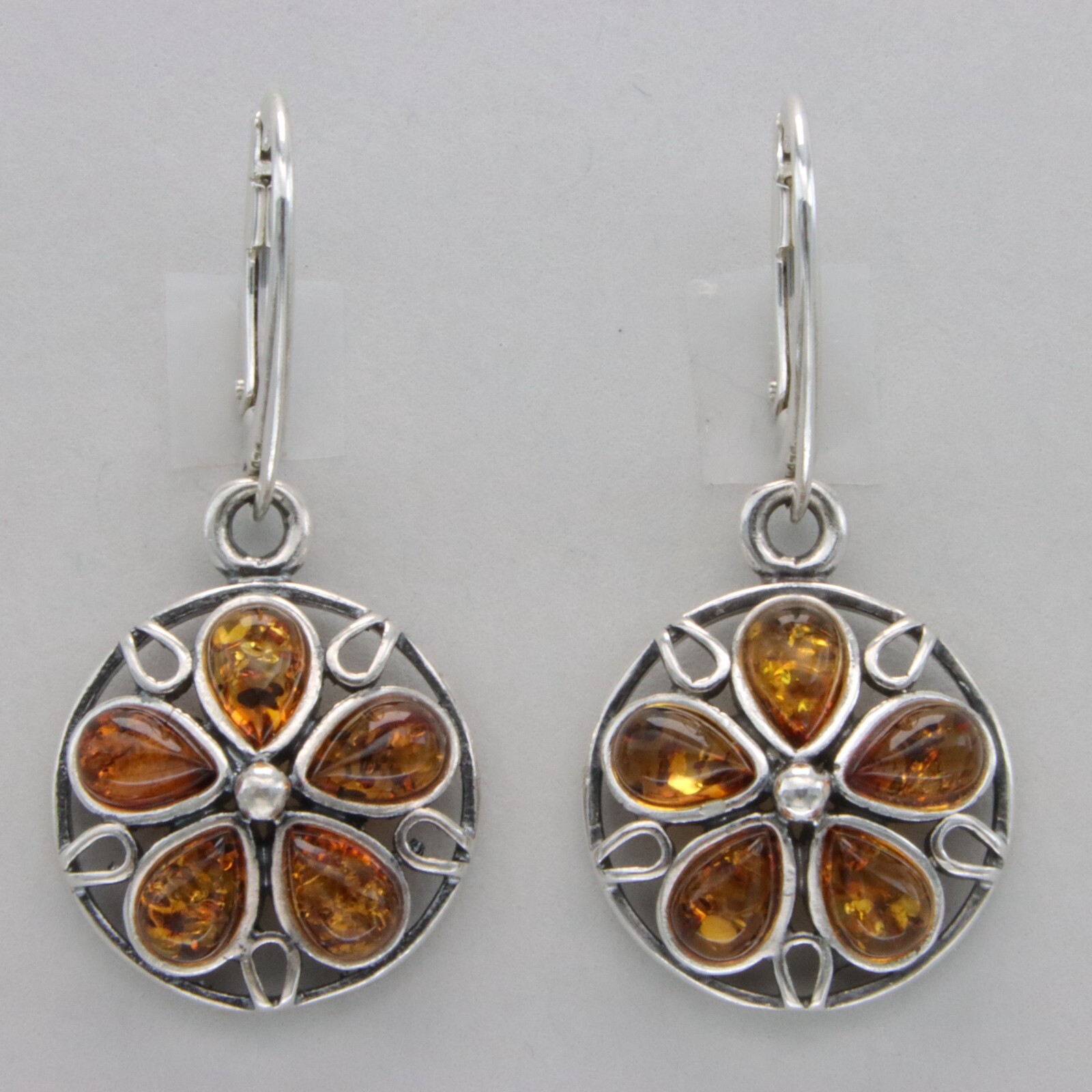Cognac / Brown BALTIC AMBER Flower Leveback Earrings 925 STERLING SILVER #1666