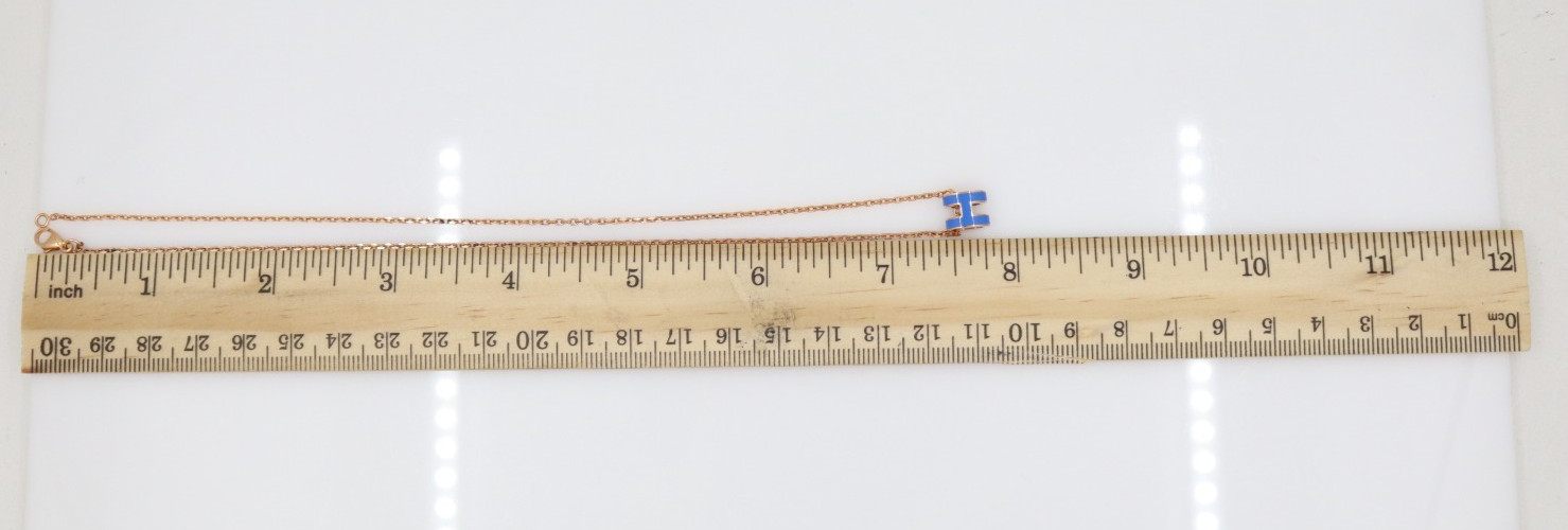 Hermes Mini Pop H Rose Gold Tone & Blue Enamel Pendant Necklace 16″