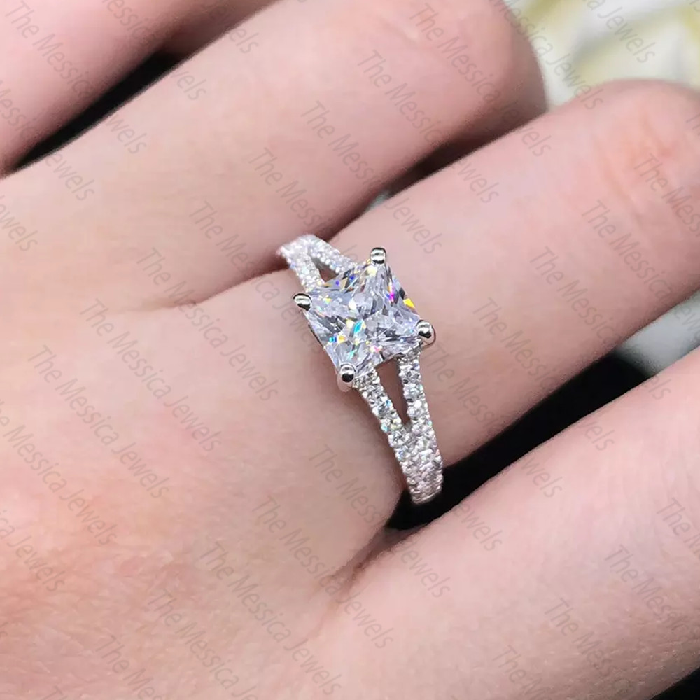2.0 TCW Princess Cut Moissanite Split Shank Engagement Ring 925 Sterling Silver